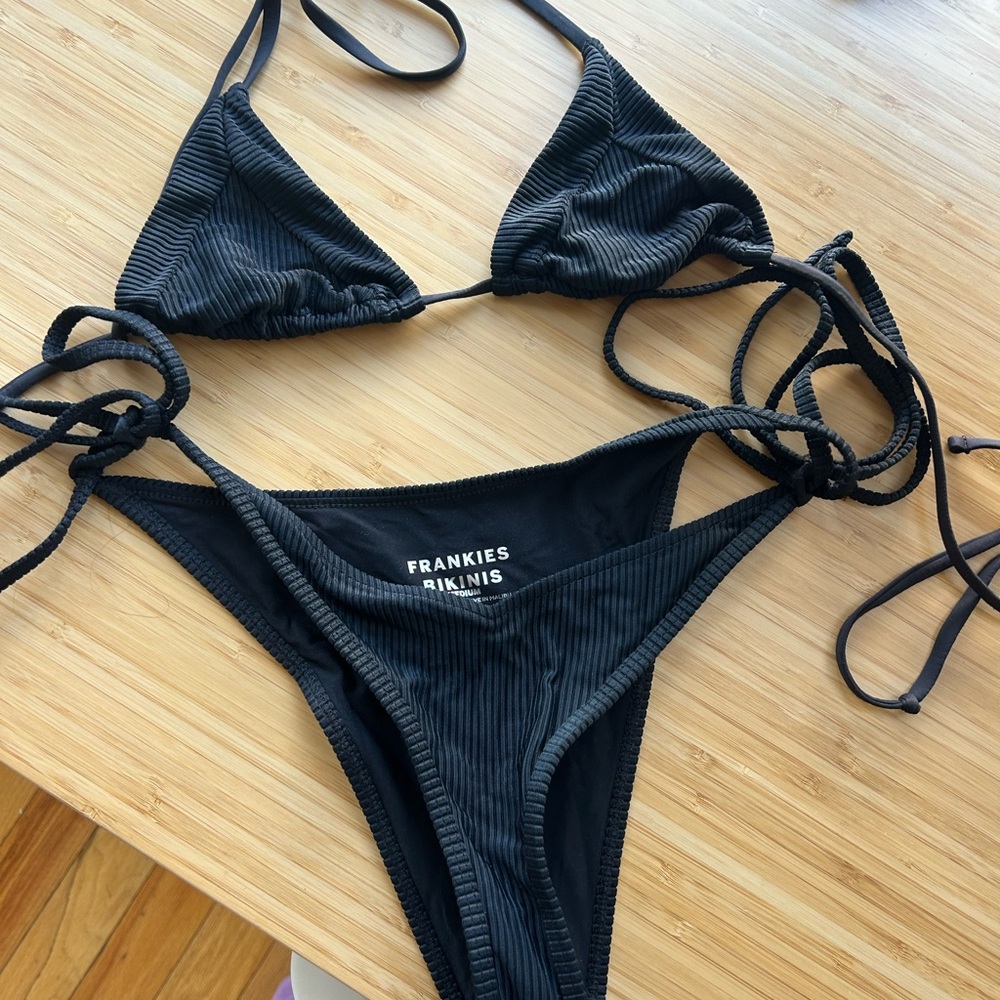 Frankie's Bikinis Black Ribbed Triangle String Bikini Set